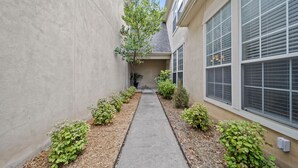 A narrow pathway flanked by small bushes and a building with large windows. - Ideally Located 3-Bedroom Townhouse (Tulsa)
