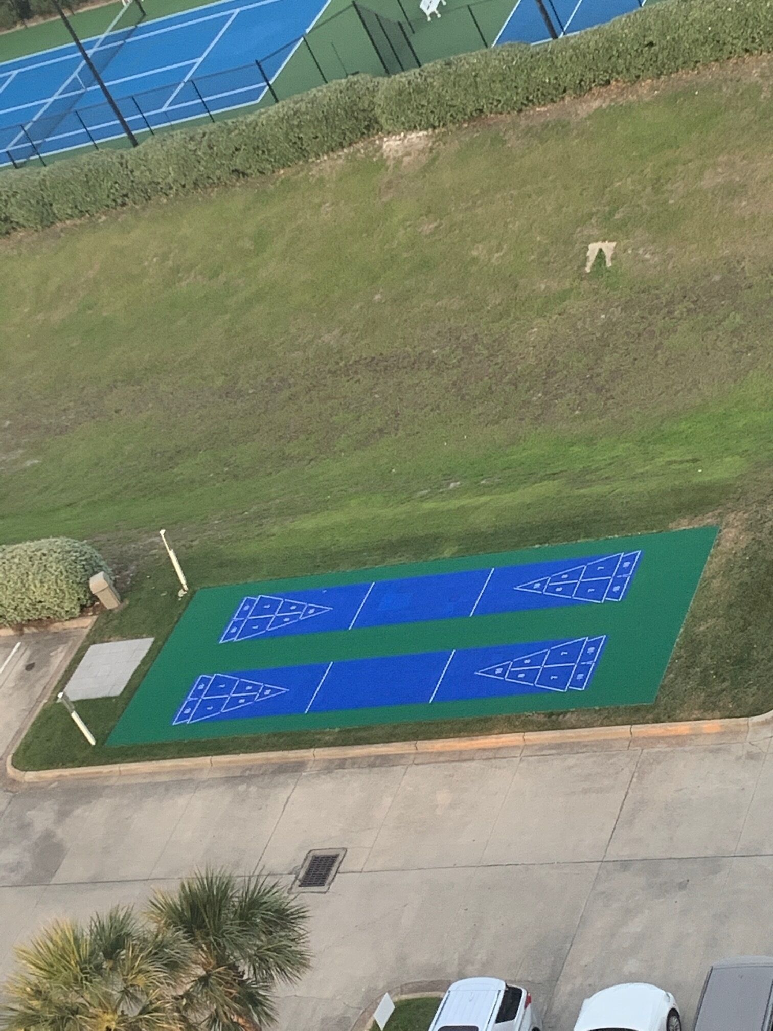 An aerial view of a sports court with blue and green markings, surrounded by grass and a parking area with cars.