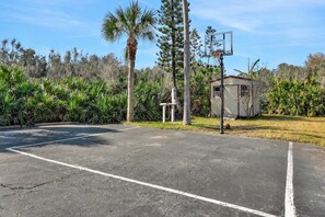 Ein Basketballplatz im Freien mit Korb, umgeben von Palmen und einem kleinen Gebäude.