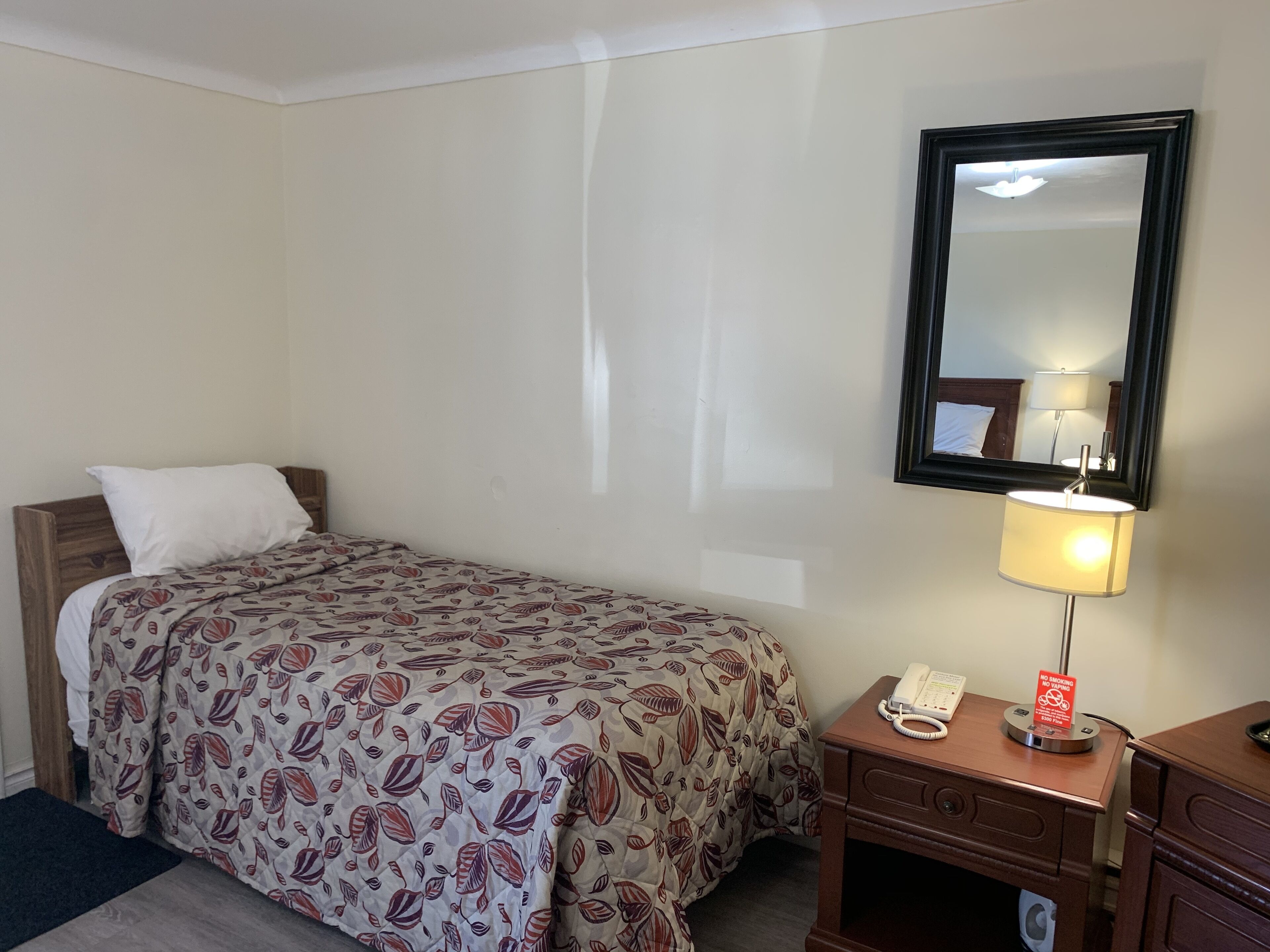 A hotel room with a bed, a bedside table with a lamp, a telephone, and a sign indicating no smoking.