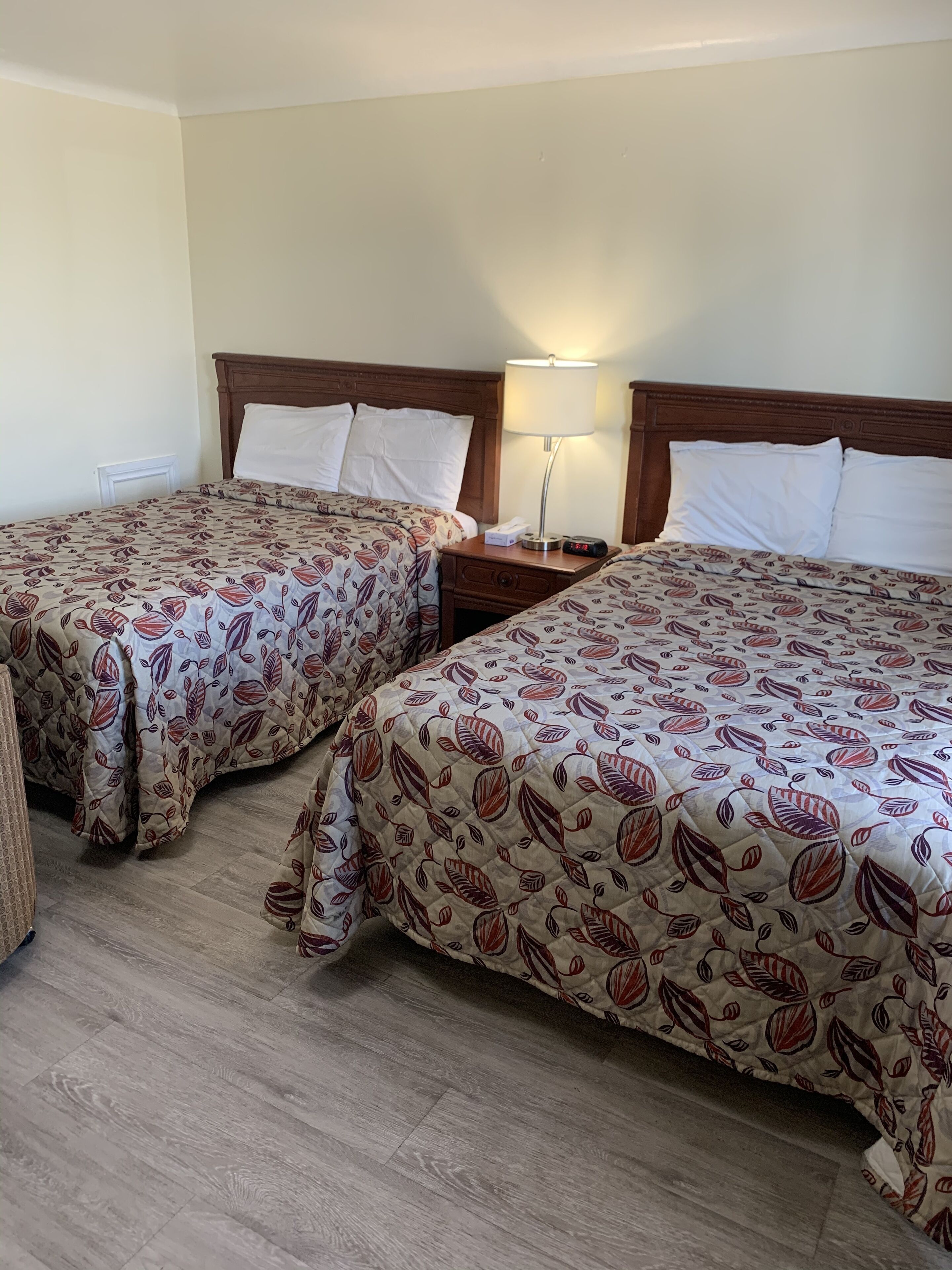 A hotel room with two beds, each with a patterned bedspread and white pillows. There is a nightstand with a lamp between the beds.