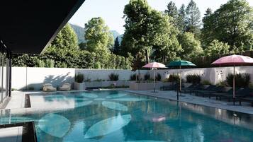 Indoor pool, outdoor pool, pool loungers