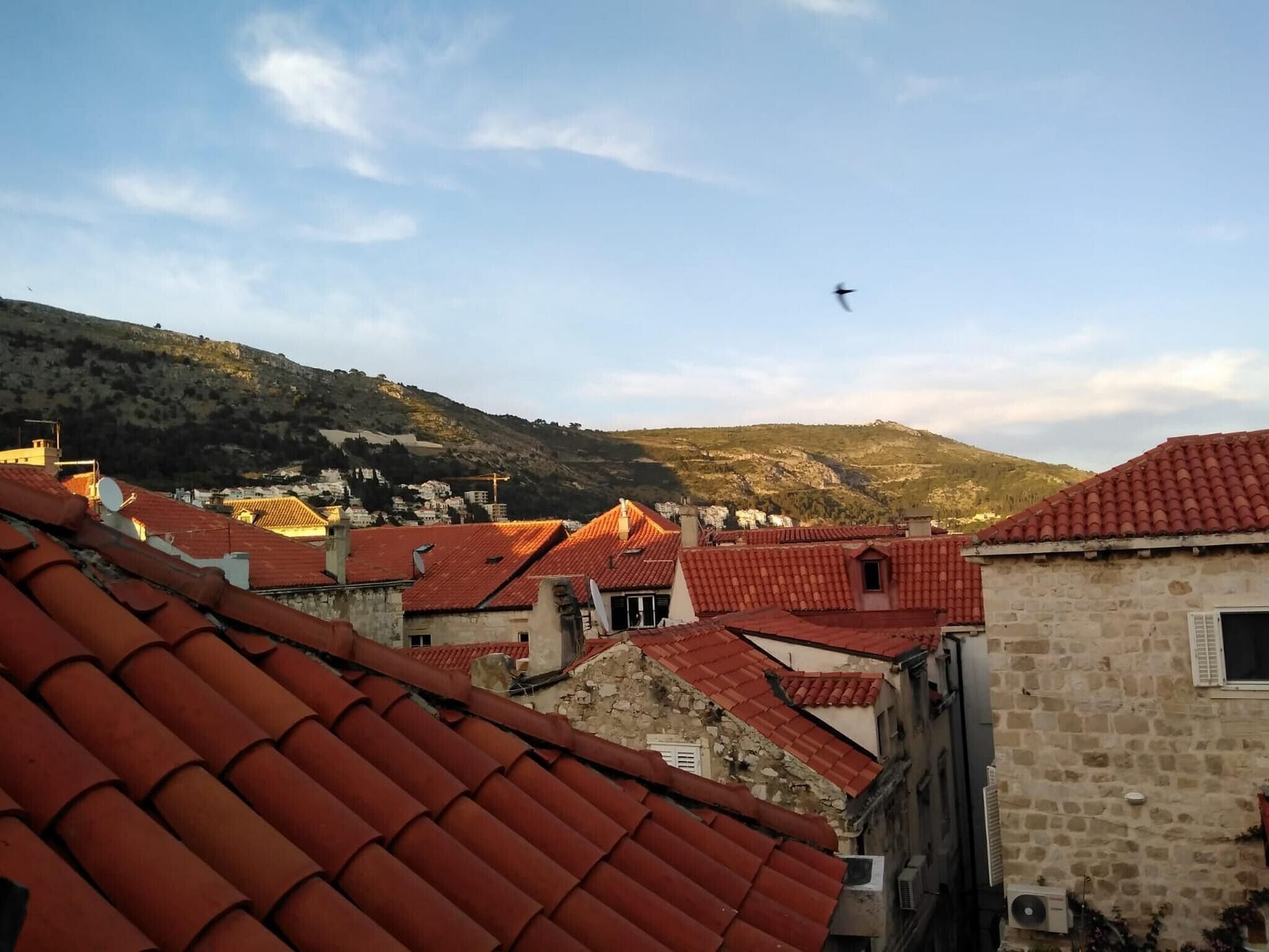 A view of a town with red-tiled roofs, stone buildings, and a hill in the background.