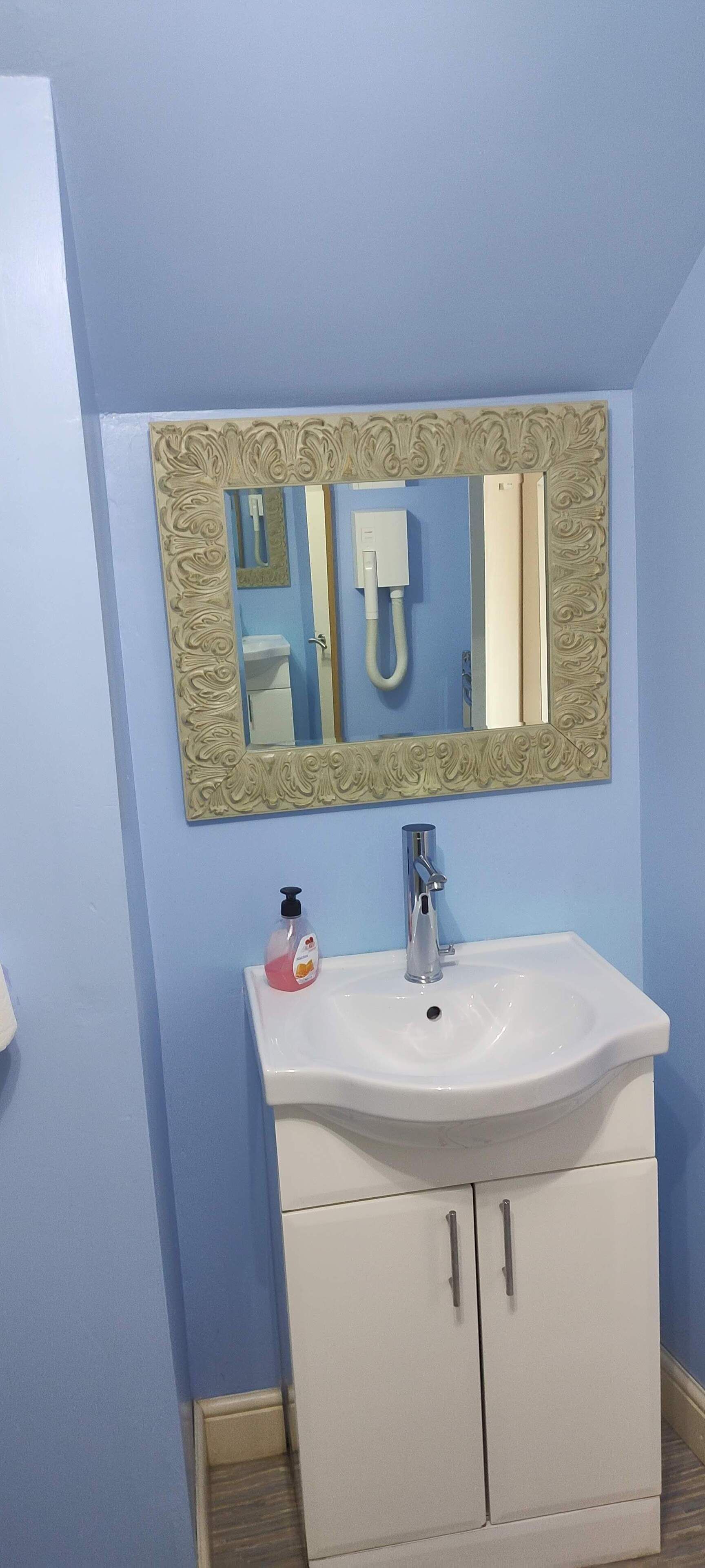 A bathroom with a white sink, a mirror with an ornate frame, and a hand soap dispenser.