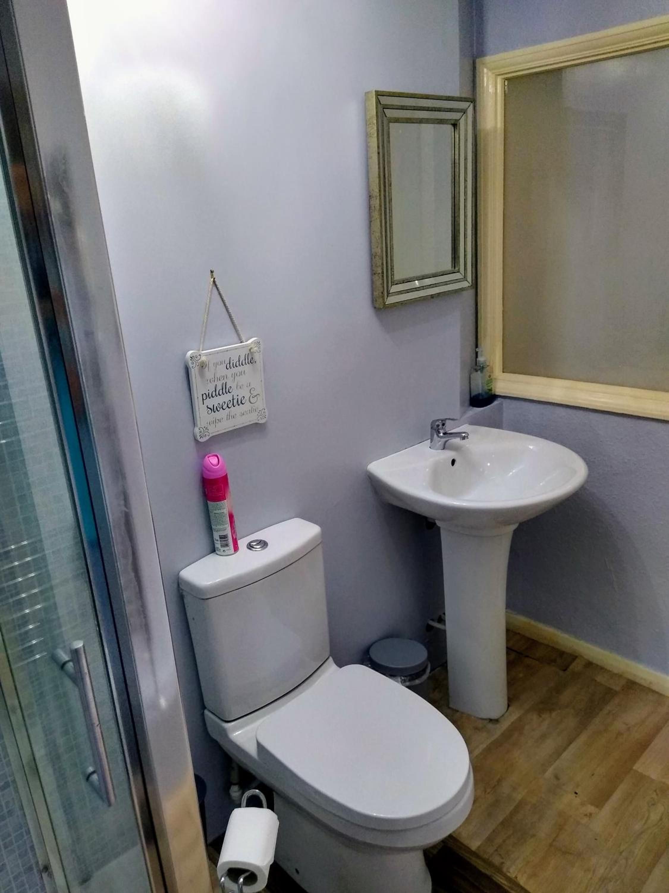 Un baño con inodoro, lavamanos y espejo.