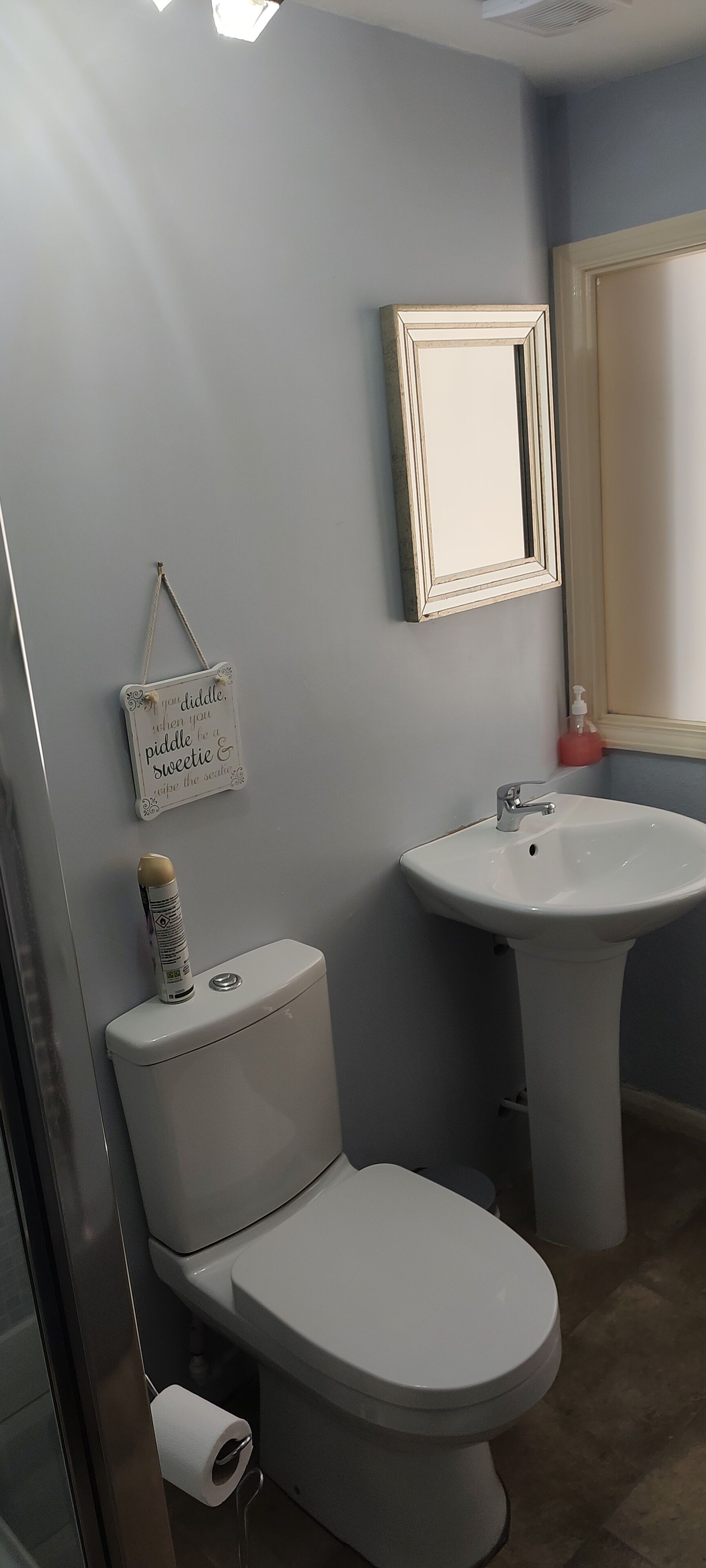 A bathroom with a toilet, sink, and a wall-mounted mirror.