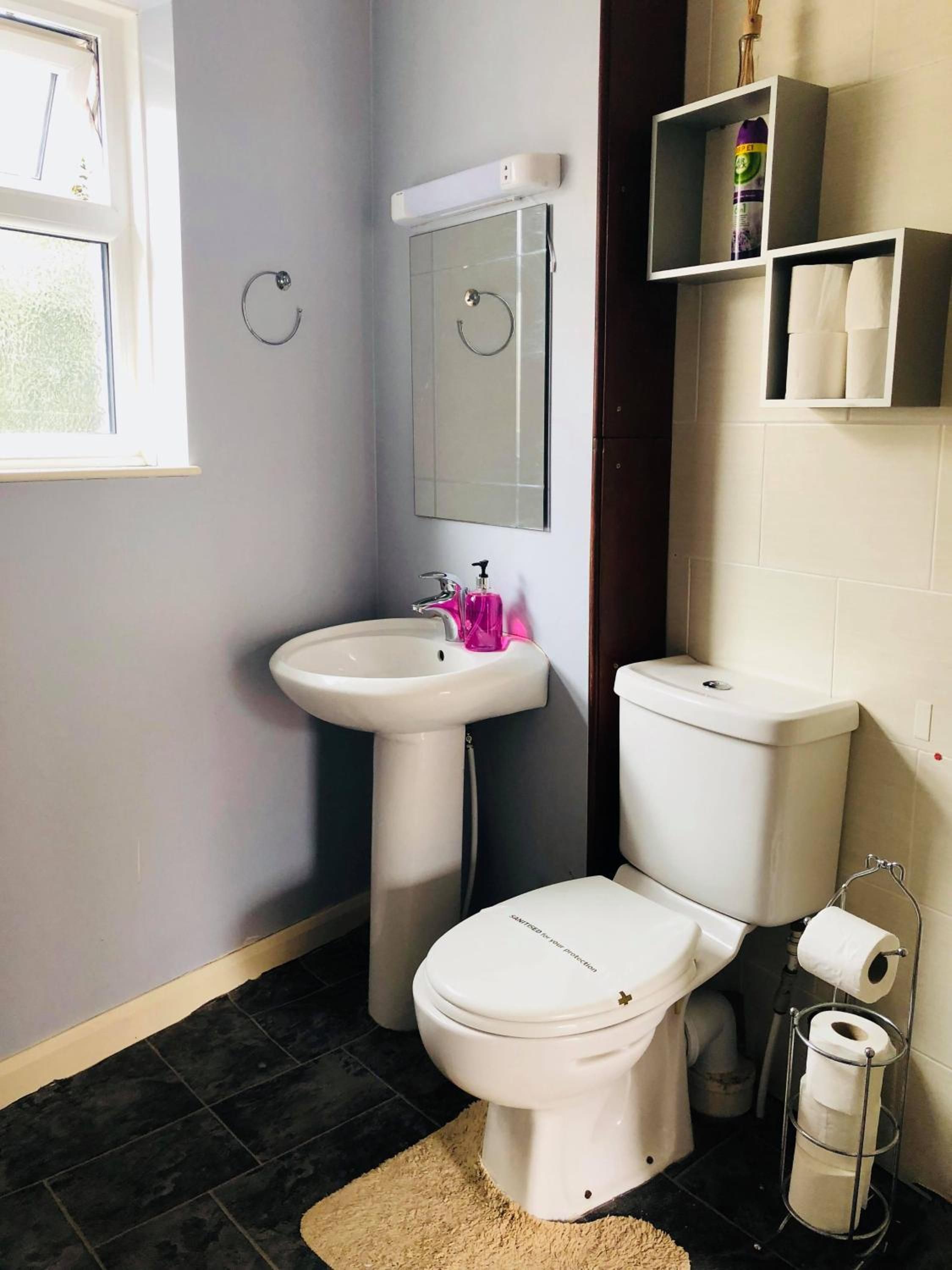 A bathroom with a toilet, sink, and a mirror. There is a window on the left and a shelf with toiletries.