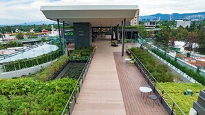 Un jardín en la azotea con terraza de madera, zonas de estar y una sección cubierta con un letrero que dice 'ROOF'.