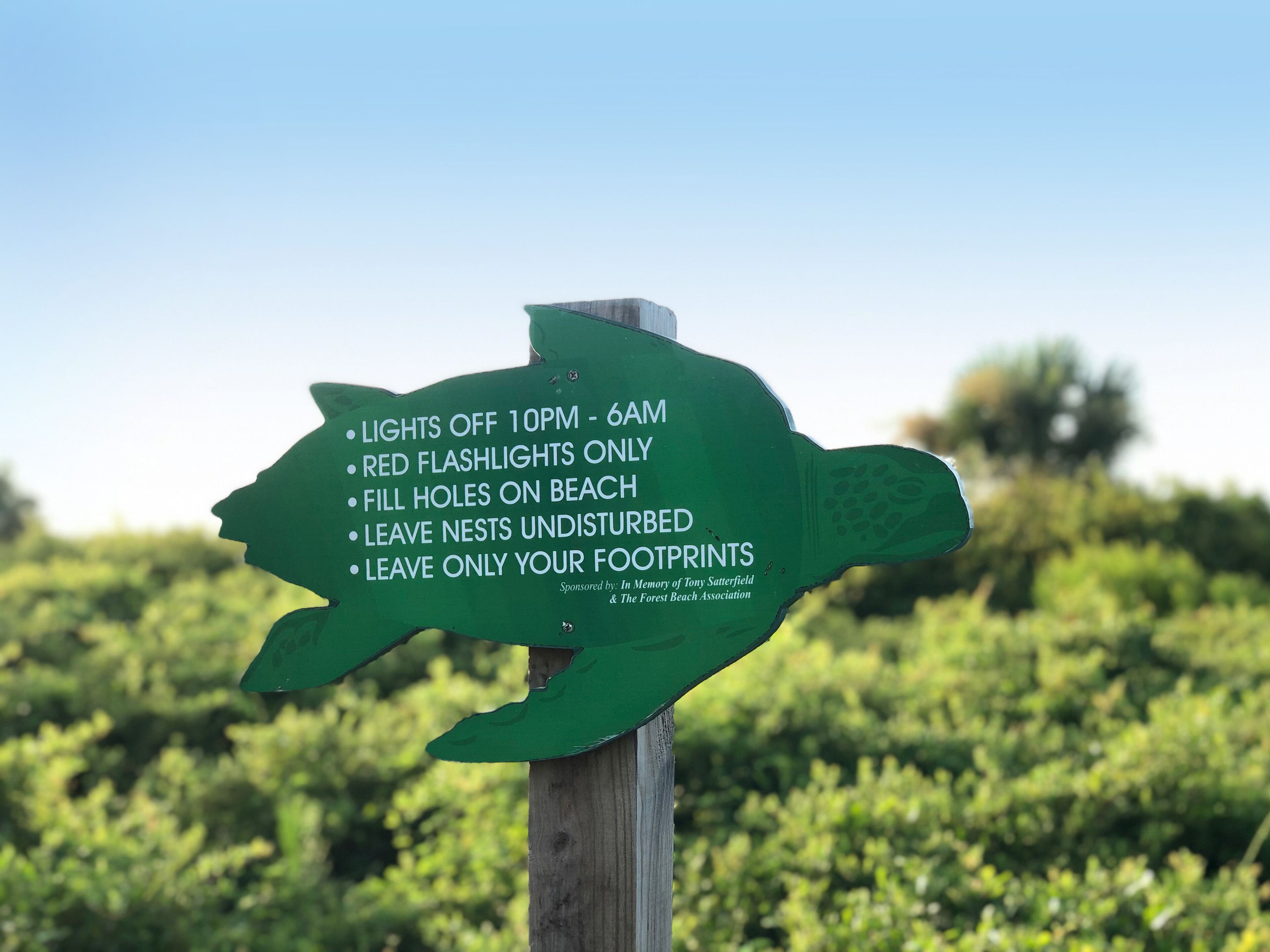 Una señal verde direccional con pautas ambientales para quienes visitan la playa.