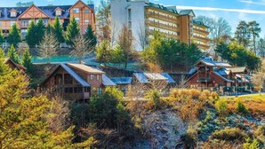 Un resort con varias edificaciones, que incluyen un hotel grande y cabañas más pequeñas, rodeado de árboles y paisajes naturales.
