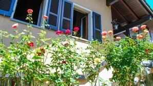 Un bâtiment doté de trois fenêtres, chacune ornée de volets bleus, et d’un balcon agrémenté de plantes en fleurs.