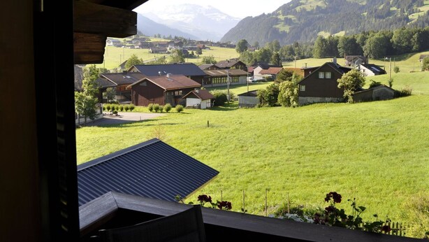 Une vue depuis une fenêtre donnant sur un village rural, avec des maisons, des champs verdoyants et des montagnes en arrière-plan.