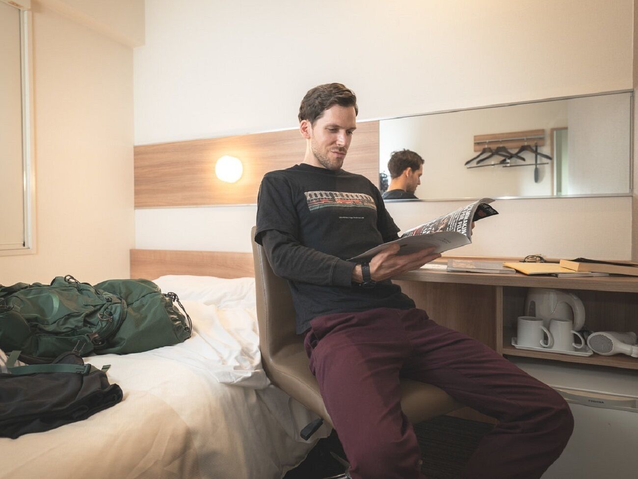 1 bedroom, desk, blackout curtains, iron/ironing board