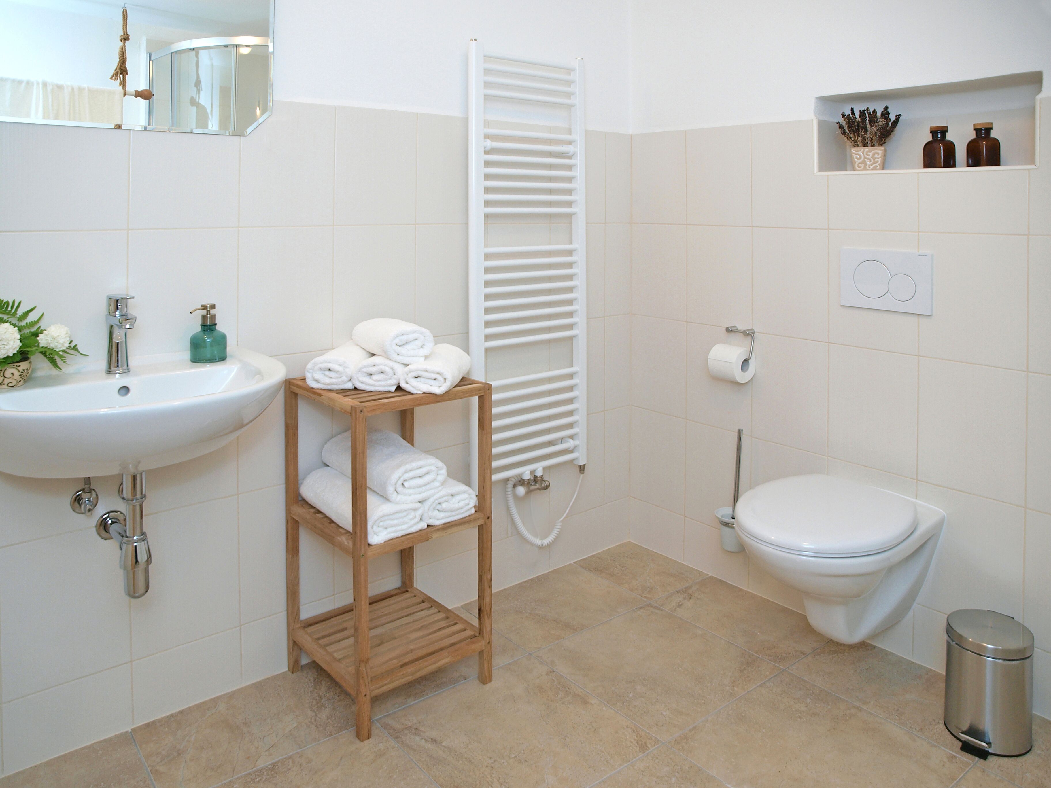 A bathroom with a sink, toilet, towel rack, and a shelf with toiletries.