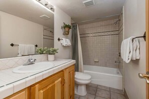 Combined shower/tub, hair dryer, shampoo