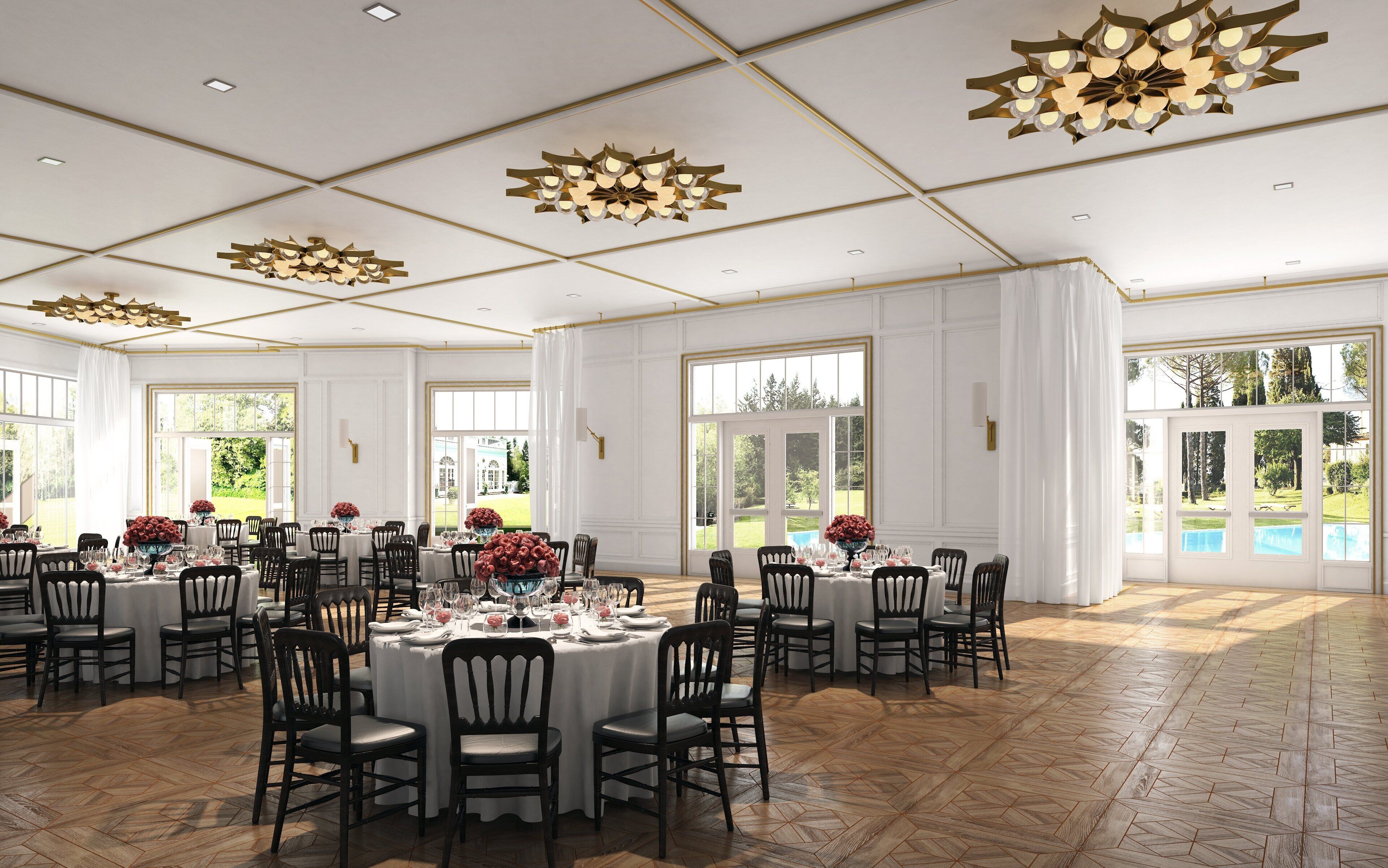A spacious dining area with round tables, chairs, and a view of a garden through large windows.