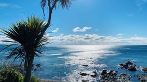 A coastal landscape with a clear sky, calm sea, and two palm trees. - Luxury, Spacious, Beachfront (direct access) House with Breath-taking Sea Views (Downderry)