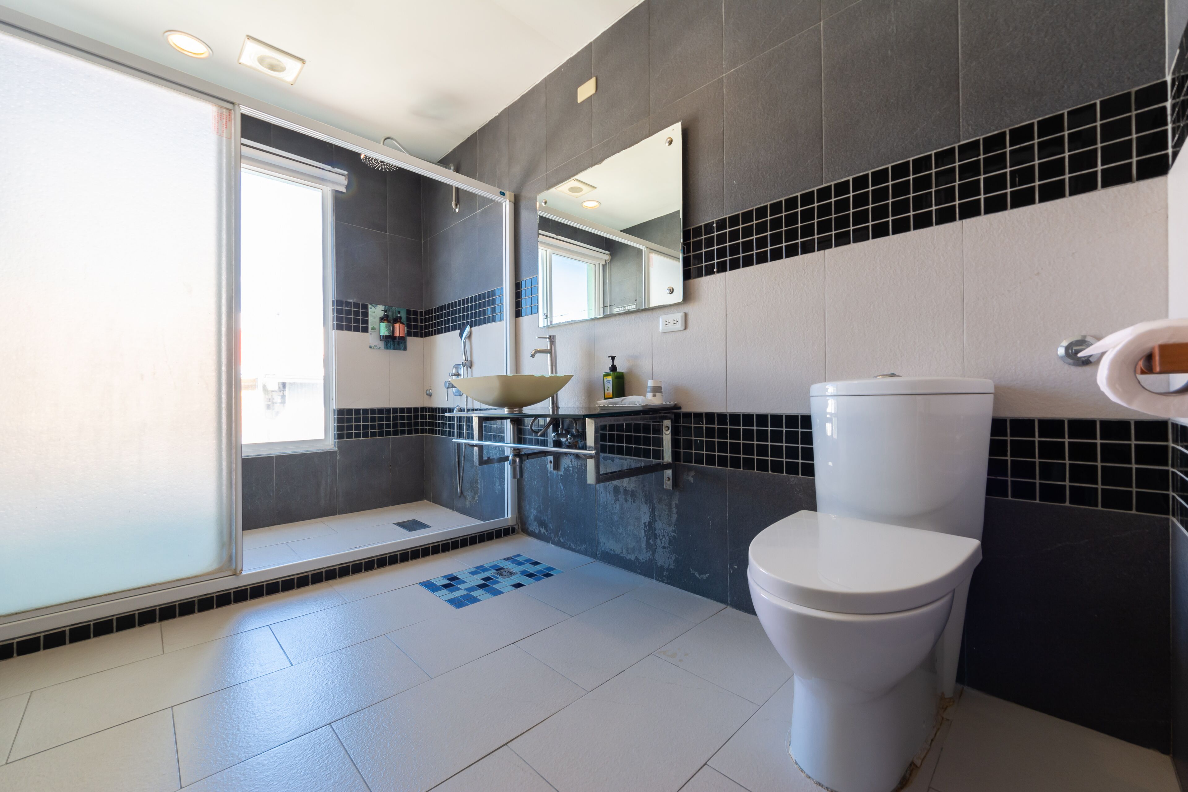 A modern bathroom with a glass shower enclosure, a white toilet, and a sink with a mirror above it.