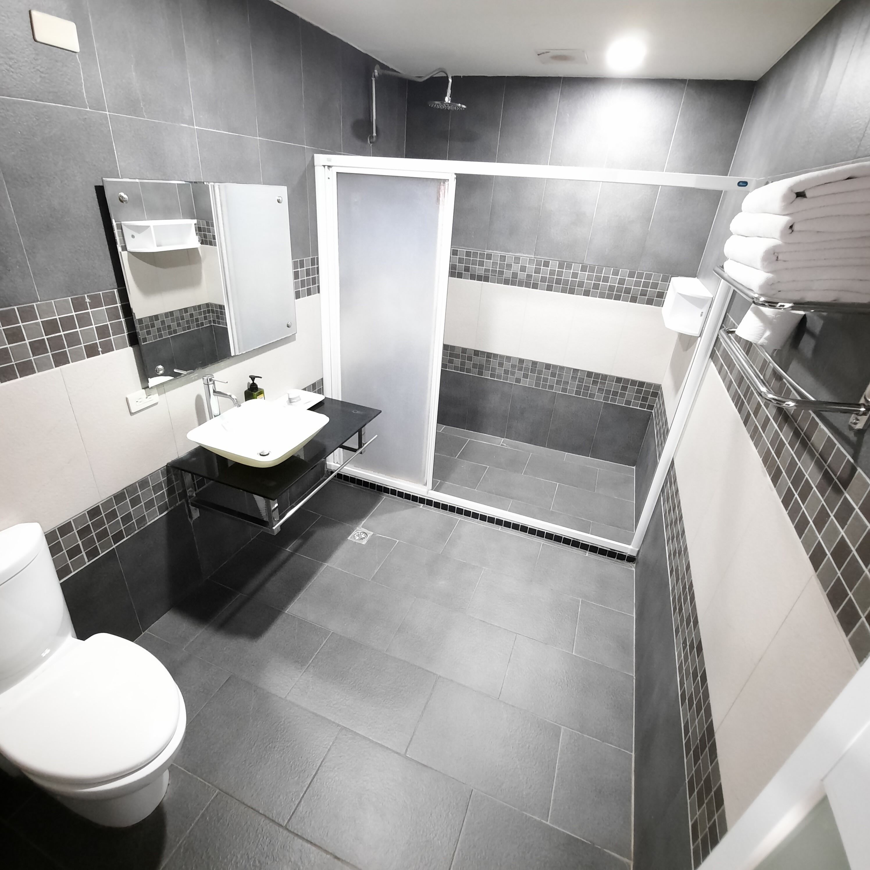Une salle de bain moderne équipée de toilettes, d’un lavabo et d’une zone douche.