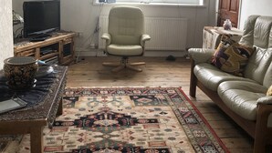 Ein Wohnzimmer mit einer Couch, einem Sessel und einem gemusterten Teppich.