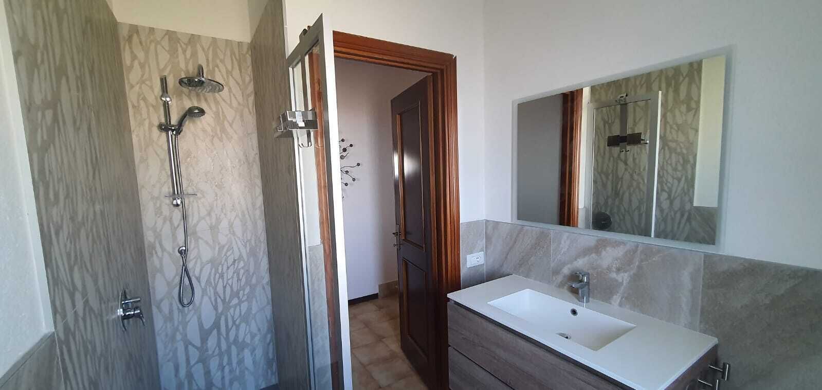 Une salle de bain avec une douche à l’italienne, un lavabo et un miroir.