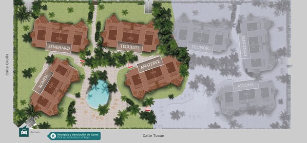A resort layout with multiple buildings labeled 'Beneharo,' 'Romén,' 'Tegüeste,' 'Pelinor,' and 'Anatereve.' - Bahia - Tegueste 0.4 DELUXE PARTIAL SEA VIEW 2B (Palm-Mar)
