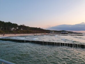 A coastal scene with a beach, wooden breakwaters, and a forested hill. - Apartament Sailor - 365PAM (Ustronie Morskie)