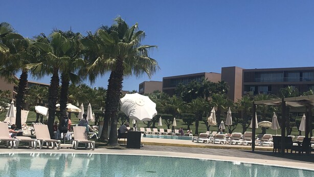 Ein Poolbereich mit Liegestühlen und Sonnenschirmen, umgeben von Palmen und einem Gebäude im Hintergrund.