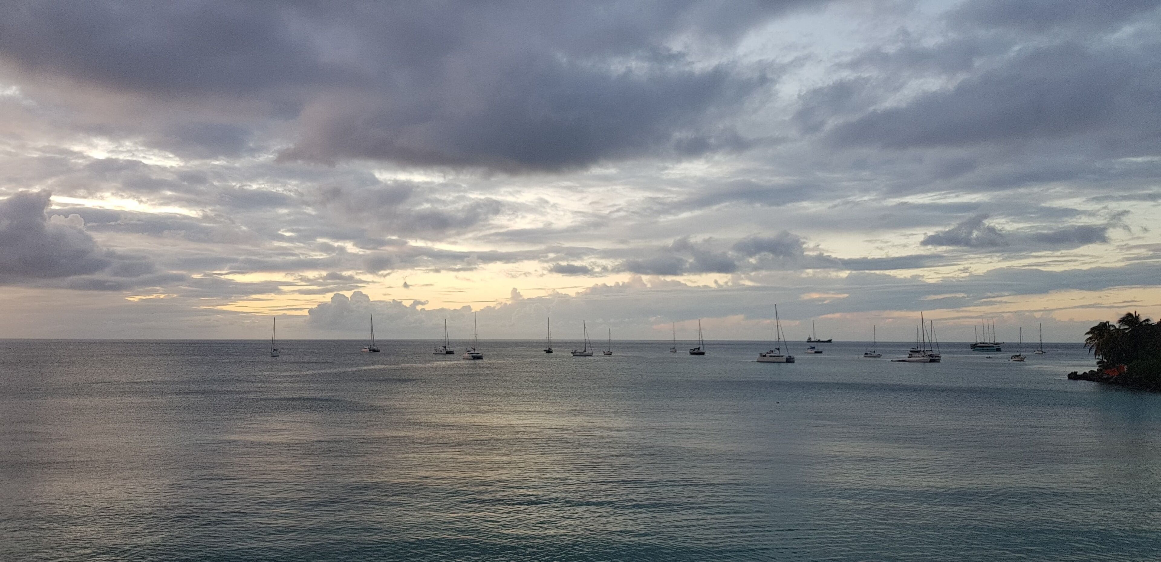 Ein Yachthafen mit mehreren Segelbooten, die in ruhigem Wasser unter einem bewölkten Himmel ankerten.