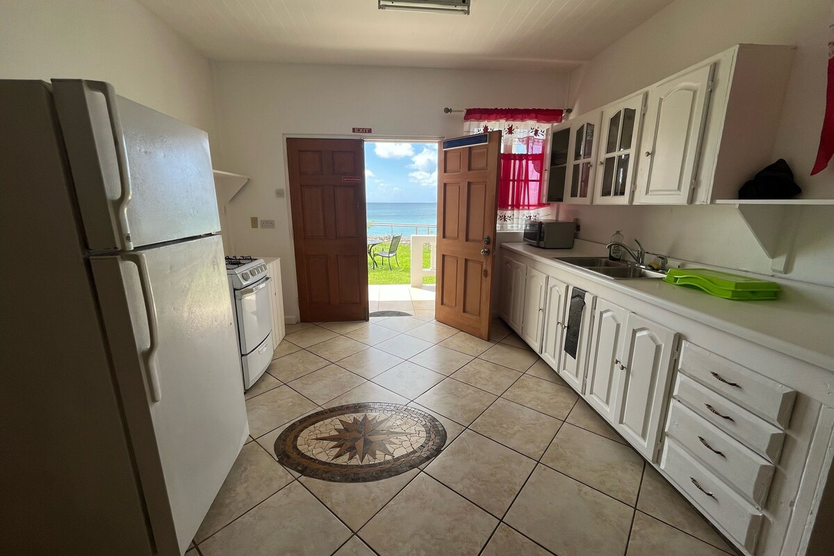 A kitchen with a refrigerator, stove, cabinets, and a view of the ocean through an open door.