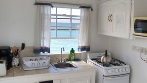 Una cocina con vista al mar, que incluye estufa, lavamanos y armarios.