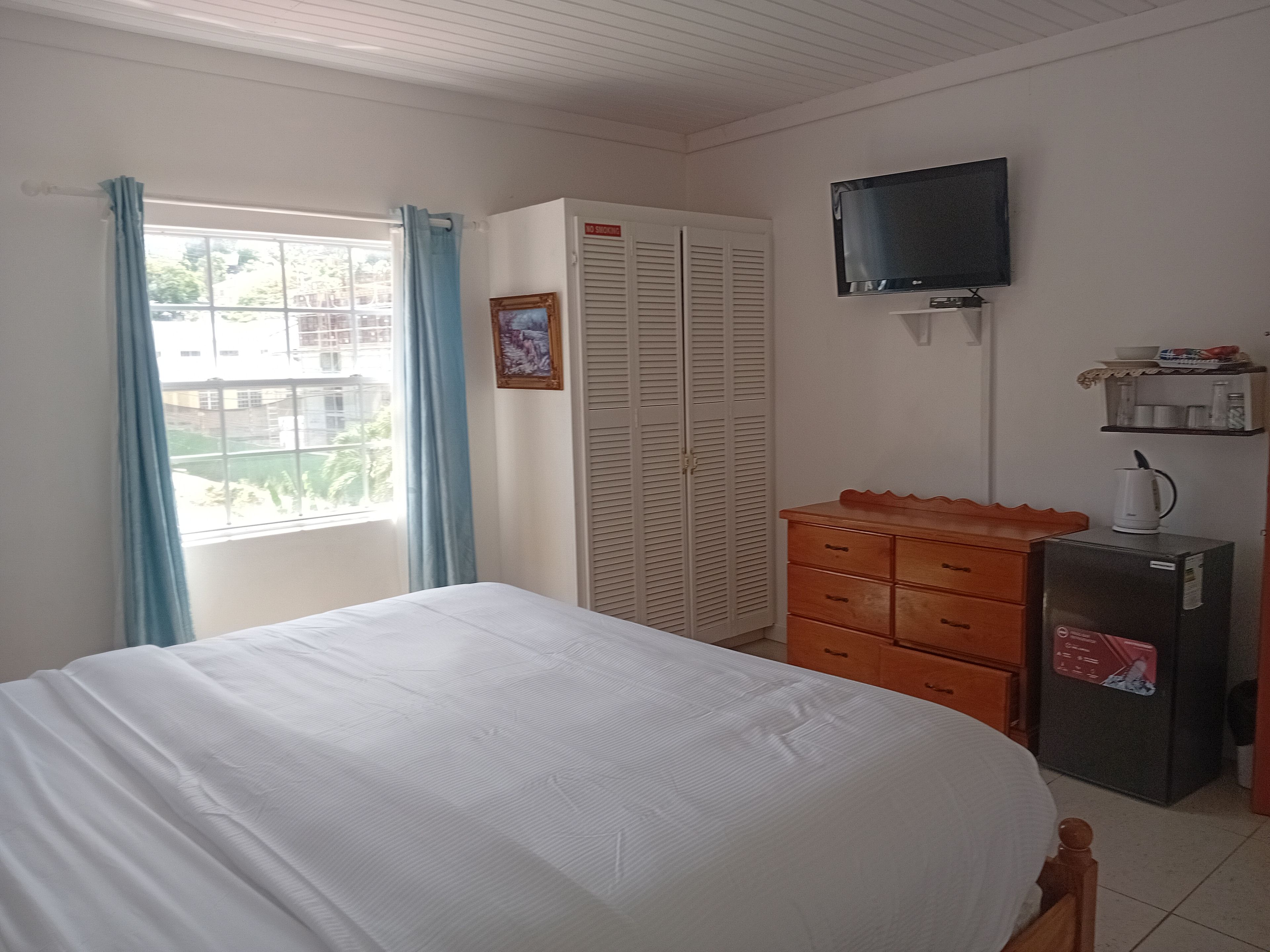 Un dormitorio con cama, armario, televisor y refrigerador.