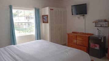Un dormitorio con cama, armario, televisor y refrigerador.