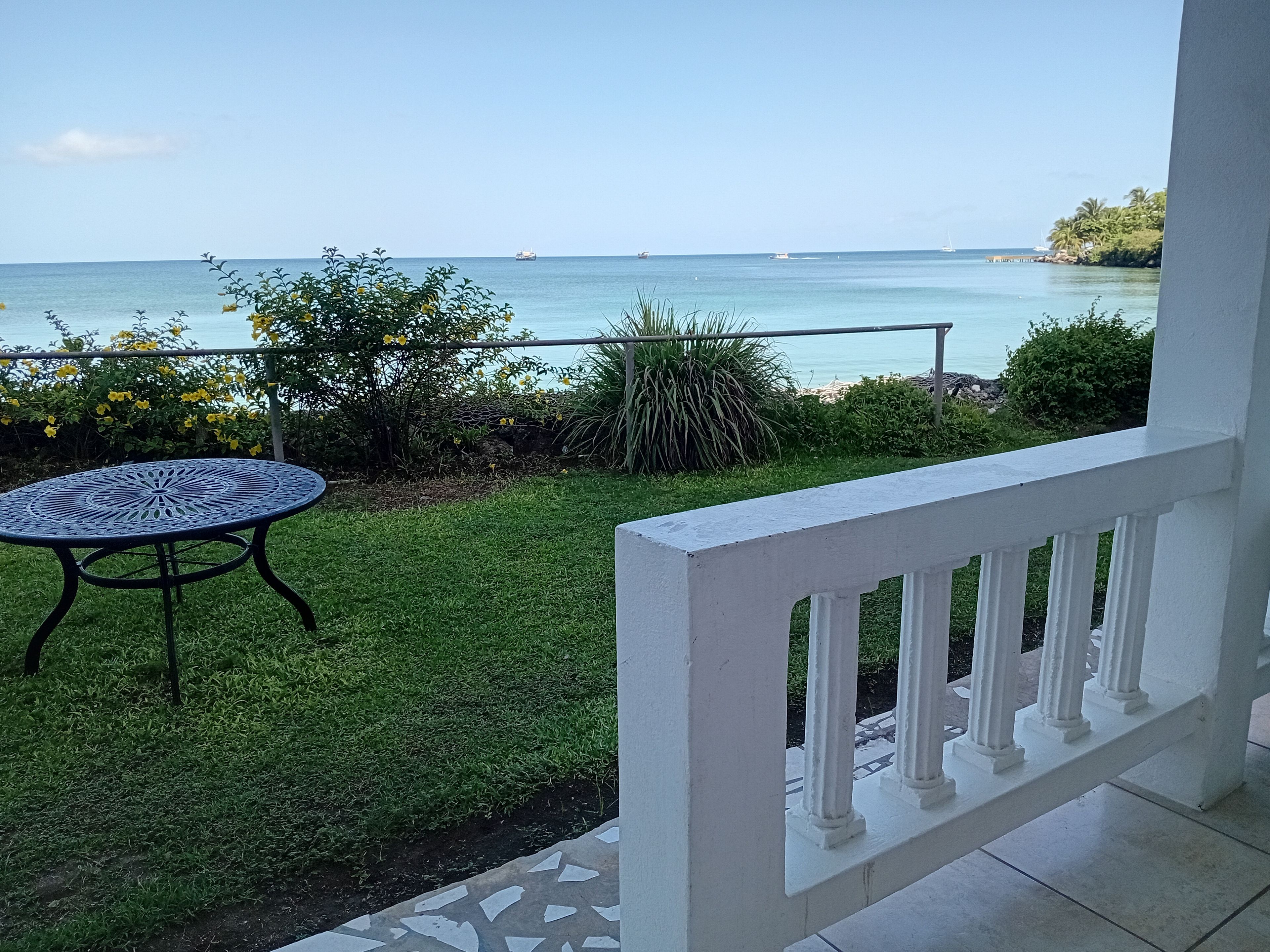 Un balcone con vista sul mare, un tavolo rotondo e della vegetazione.