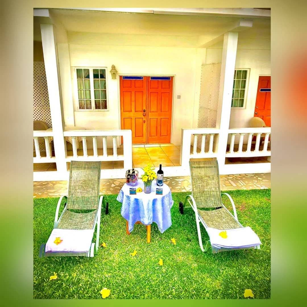 A covered outdoor seating area with two lounge chairs and a table, a double door entrance, and a small garden with grass and scattered leaves.
