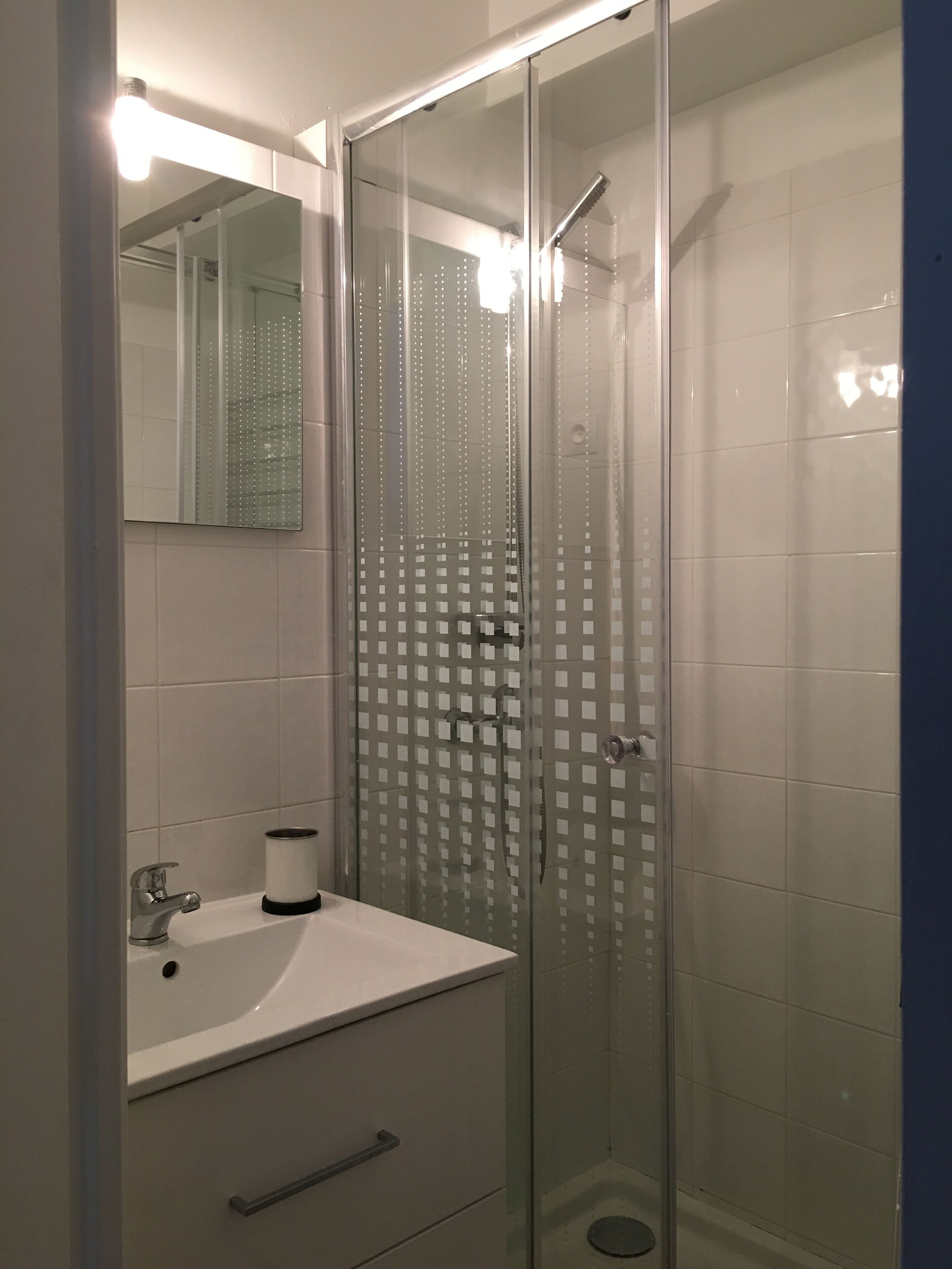 A modern bathroom with a glass shower enclosure, a white sink, and a mirror above it.