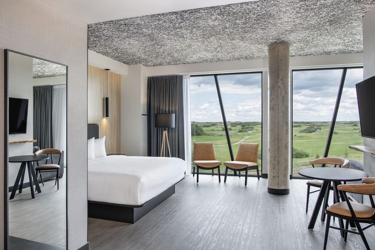 Habitación de hotel moderna con una cama grande, un escritorio, dos sillas y vistas al campo.