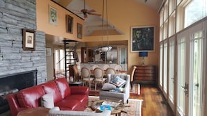 Smart TV, fireplace, books