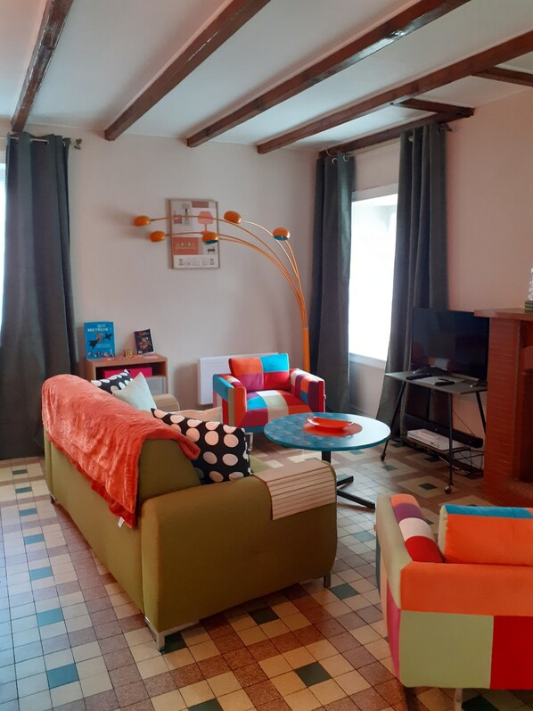TV, fireplace, DVD player, books