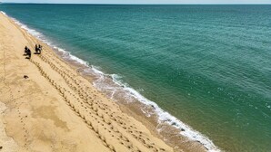 Une plage où l’on voit des empreintes de pas menant à l’eau, un ciel dégagé et une mer calme.