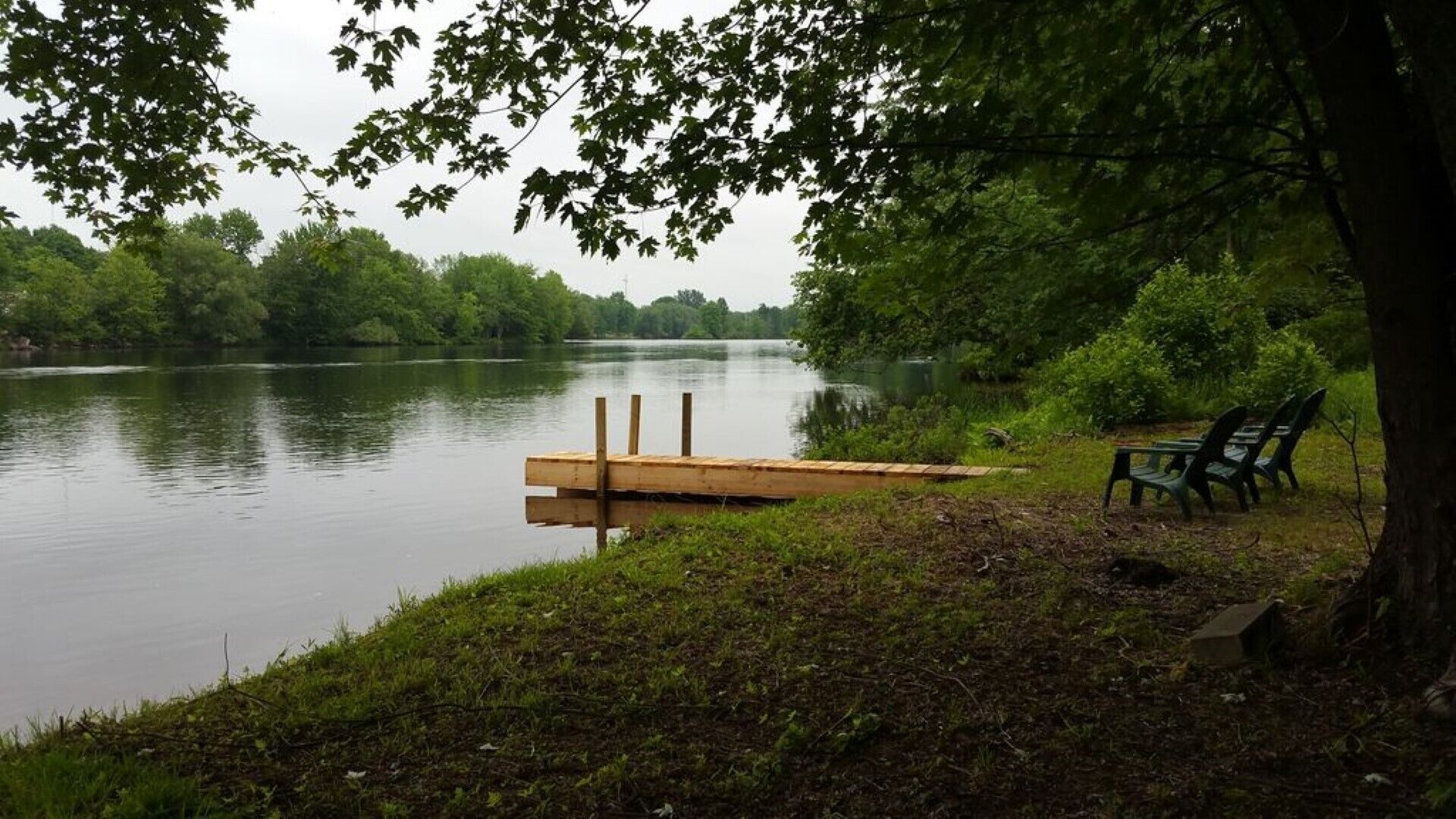 Een steiger aan het meer met een bank en stoelen, omringd door bomen en begroeiing.
