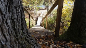 Eine Holztreppe führt einen Hügel hinauf, umgeben von Bäumen und herabgefallenen Blättern.