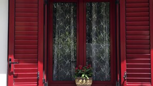 A window with red shutters, a potted plant with flowers, and a decorative curtain.