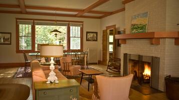 Fireplace, foosball, table tennis, books