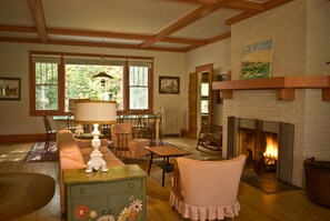 Fireplace, foosball, table tennis, books