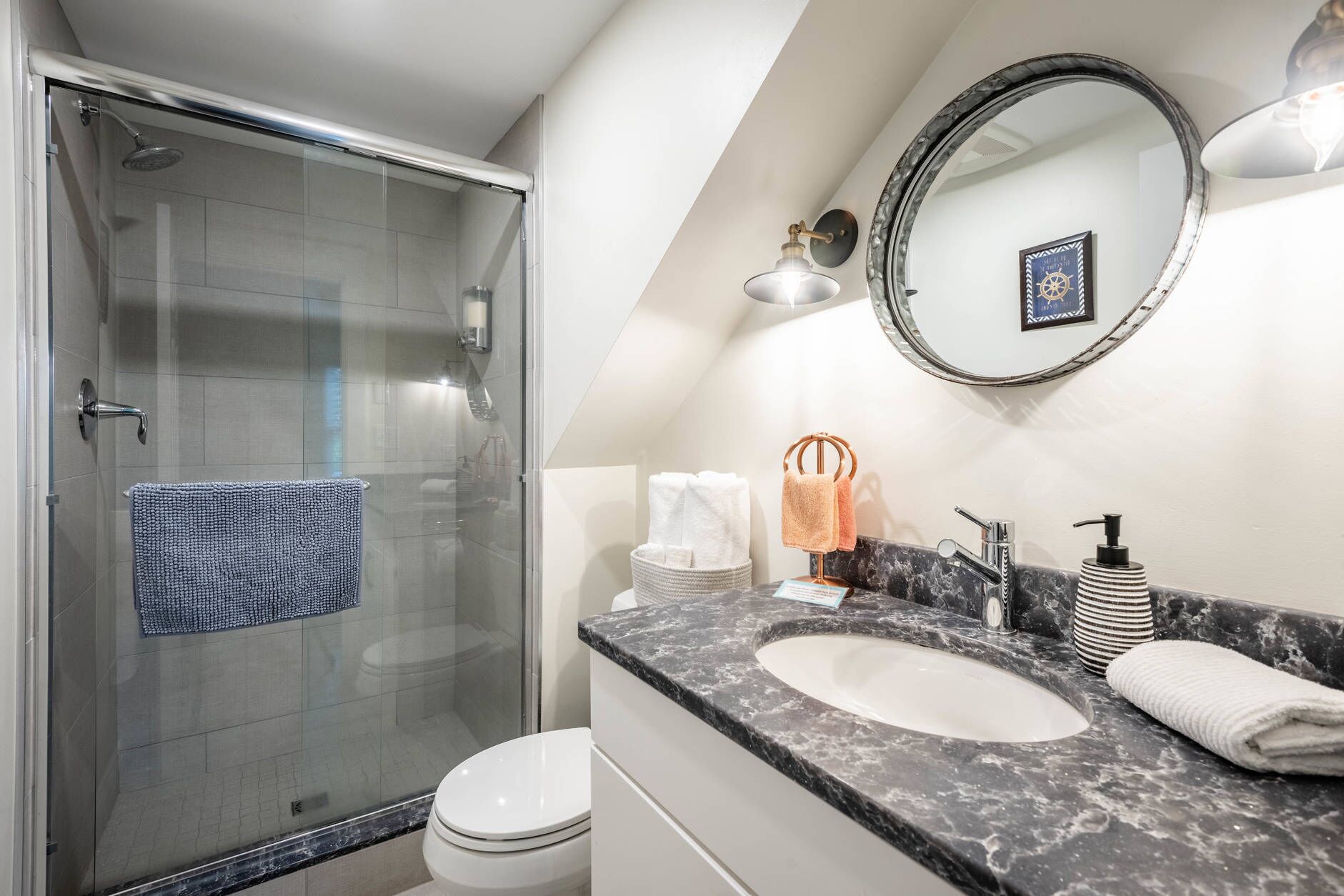 Hair dryer, towels, soap, shampoo
