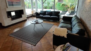 A living room with a fireplace, black leather sofas, a patterned rug, and large windows with a view of greenery. - Air-conditioned "Carmen" villa with heated pool near the ocean (Biscarrosse)