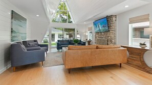Smart TV, fireplace, books