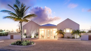Une maison moderne à deux étages, avec une allée en gravier, des palmiers et un ciel dégagé.