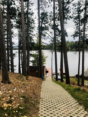 A wooden cabin by a lake surrounded by tall trees. - Little Fork Lodge - Three Lakes Lakefront on the trails with Firepit/Game Room (Three Lakes)